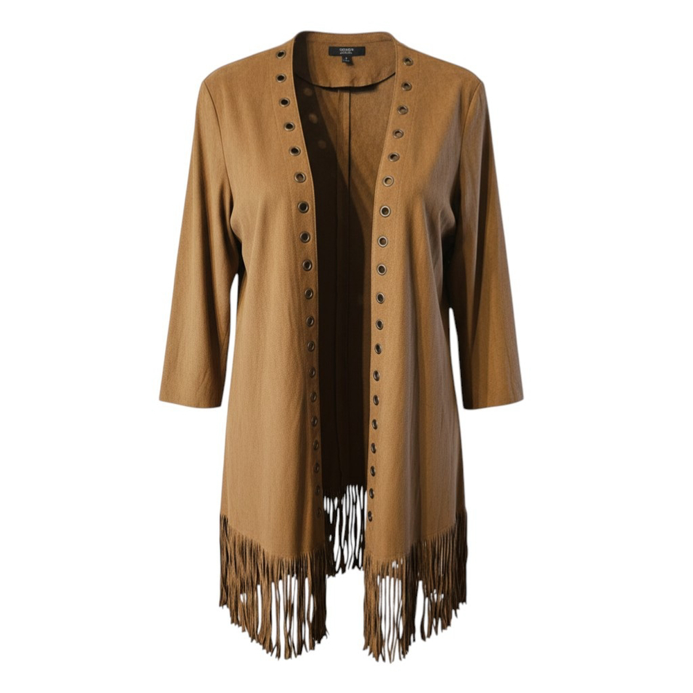 Parfois Tan Faux Suede Fringe Jacket Boho Western Festival Grommet S/M EUC - Picture 4 of 5